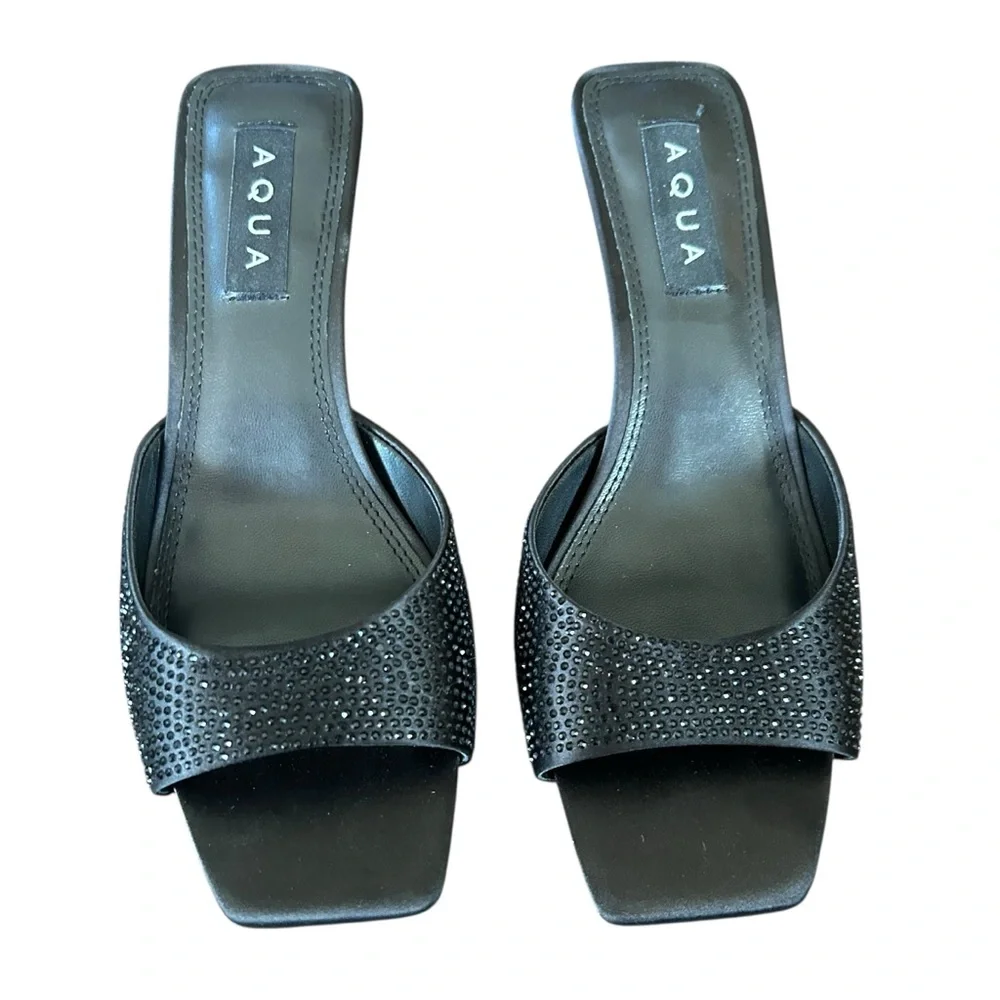 AQUA Onyx Black Embellished Stiletto Heel Mules Square Toe Slip On NEW 8